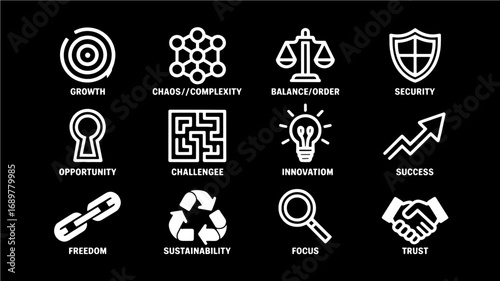Growth, Balance, Innovation, and Security Icons Business Concept Illustrations