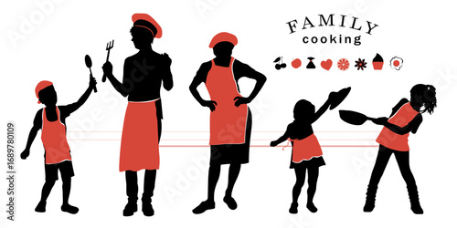 Family silhouettes. Happy family cooking together. Vector illustration	
