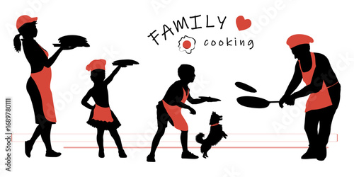 Family silhouettes. Happy family cooking together. Vector illustration	
