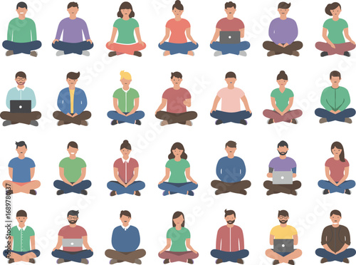 Group of diverse people sitting in various poses, some with laptops, in a modern, relaxed work and study environment, digital vector illustration with clean background