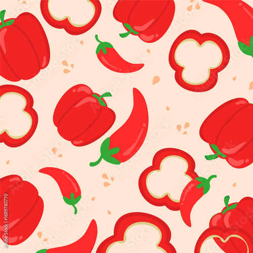 Red bell pepper and chilli seameless pattern. Can be used for wallpaper, paper wrapping, food element, decoration, food element