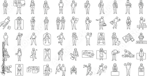 Set of diverse vector illustrations of people in different work activities, business tasks, office routines, lifestyle, gestures, and actions, all in line style, for modern design and professional use