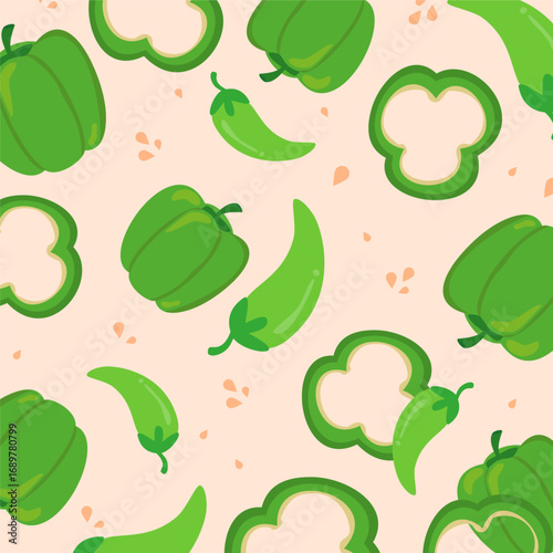 Green bell pepper and chilli seameless pattern. Can be used for wallpaper, paper wrapping, food element, decoration, food element