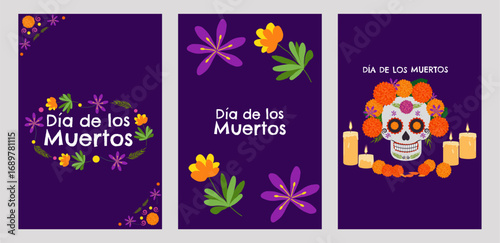 Day of the Dead Mexico poster set. National holiday September 16, Cinco de Mayo. Dia De Los Muertos. Colorful Mexican flowers. Fiesta poster party flyer greeting card. Vector illustration