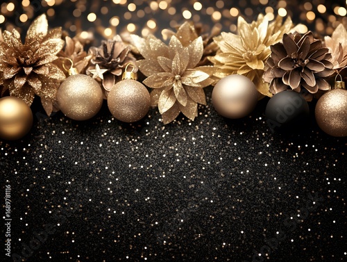 Elegant Gold and Black Christmas Ornament Border Glitter Background