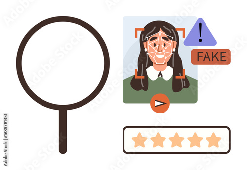 Magnifying glass, analyzed face, warning, fake label, play button, and star ratings. Ideal for technology, security, AI deepfake detection online content verification fraud facial analysis