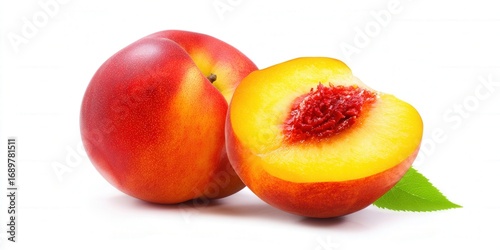 A beautifully lit shot of fresh, ripe nectarines, one cut open to show the juicy, vibrant fruit.
