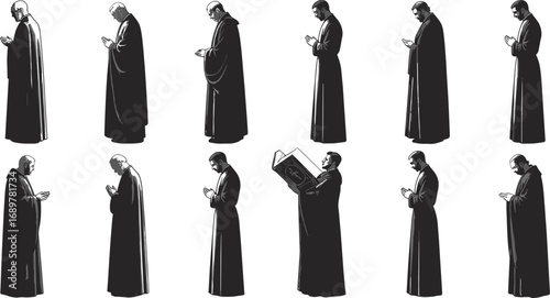 Set of praying monks in robes, vintage religious illustrations, black and white vector characters, isolated on white background, spiritual artwork for tattoo, print, or design