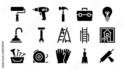 DIY Home Repair Tools Icons Handyman, Renovation, and Construction Glyphs