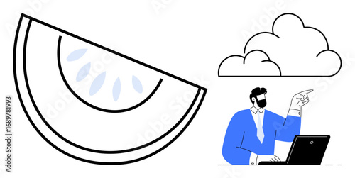 Man at laptop pointing upward, cloud above, large citrus slice beside. Ideal for technology, innovation, cloud computing, fresh ideas, remote work, creativity simple flat metaphor