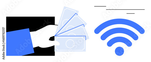 Hand holding stack of cash alongside a wireless signal abstraction. Ideal for concepts thumbs up payment, subscription, technology, connectivity, digital economy, online services, simple flat