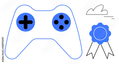 Gaming controller with buttons alongside an award ribbon and cloud. Ideal for gaming, competition, recognition, achievement, online events, e-sports, simple landing page