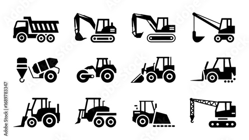 Construction Vehicles Icons Dump Truck, Excavator, Crane, Bulldozer, Loader - Black and White Vector Set
