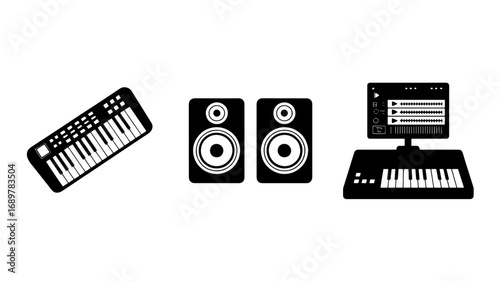 Music Production Studio Icons MIDI Keyboard, Speakers, DAW Software