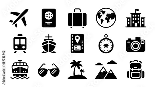 Travel Icons Airplane, Passport, Luggage, Globe, Hotel, Ship, Train, Compass, Camera, Sunglasses, Palm Tree, Mountains, Backpack - Vector Illustration