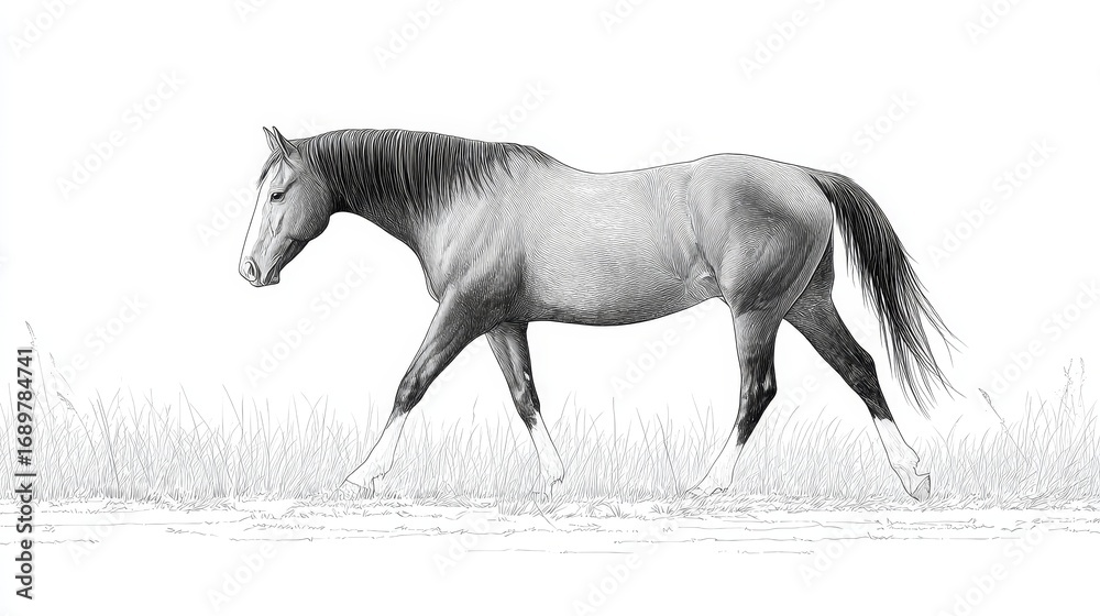 Fototapeta premium A monochrome sketch of a horse walking gracefully in a grassy area, showcasing its elegant stride and natural setting.