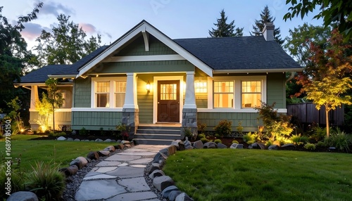 Cozy green suburban home at dusk with a flagstone pathway leading to the front door. Soft lighting illuminates the house and garden, creating a welcoming ambiance