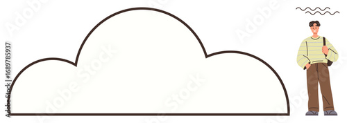 Man in striped sweater and brown pants standing beside a large, blank cloud-shaped space for ideas. Ideal for creativity, data storage, cloud technology, education, personal projects, storytelling