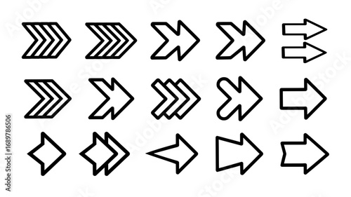 Diverse collection of modern directional in bold line arrow icons and symbols for navigation, progress, and upward movement in digital and print design projects