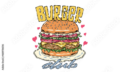 Retro illustration of a classic cheeseburger. Vintage Burger Club artwork for fast food restaurant, t shirt print