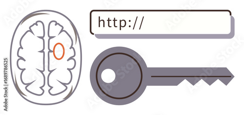 Brain with marked area, URL bar, and a key representing security, access, and critical thinking. Ideal for cybersecurity, internet access, privacy, innovation encryption problem-solving simple