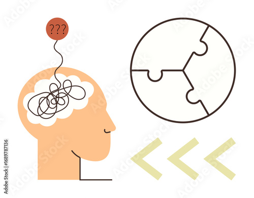 Human head with tangled lines representing confusion, puzzle solving in circle, and thought direction indicators. Ideal for mental health, strategy, learning, problem-solving, creativity