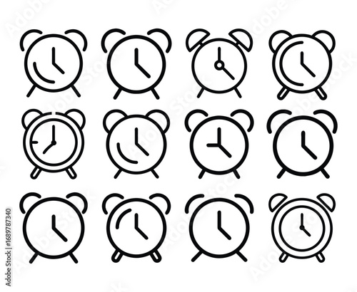 Alarm Clock Icon Set Vintage Bell Timer Line Vector Collection