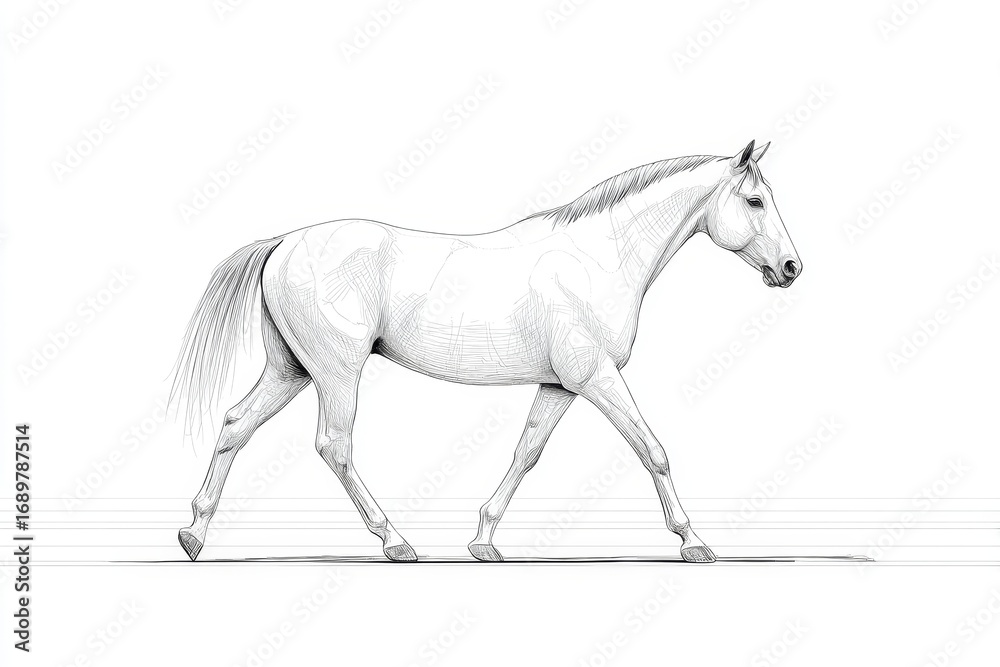 Obraz premium A detailed black and white sketch depicts a horse in mid - walk, showcasing its elegant form and movement.