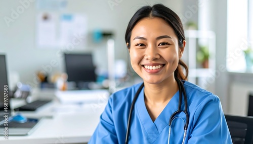 Smiling woman in blue scrubs. A stethoscope hangs around her neck, in a well-lit medical office. She faces forward with a warm, engaging smile, appearing friendly and professional