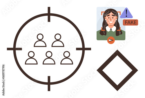 Technology interface including facial recognition, target group in scope, fake profile warning, and geometric shape. Ideal for surveillance, AI ethics, profiling, privacy, deepfake issues