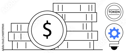 Stacked coins featuring dollar sign, token, and gear inside lightbulb highlighting concepts thumbs up currency, innovation, economy, blockchain, technology, business growth and startup. Ideal