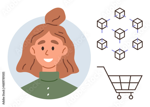Smiling woman portrait, blockchain network with connected cubes, and shopping cart highlighting themes thumbs up e-commerce, blockchain, innovation, and consumer technology. Ideal for tech, retail