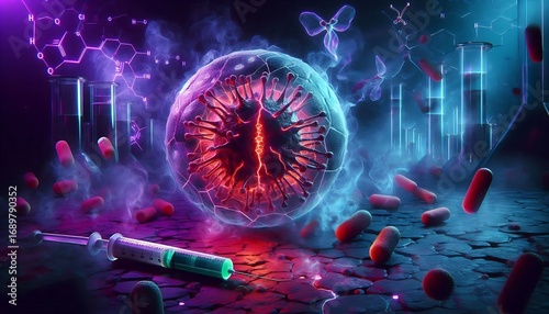 Deadly Virus Emerging from a Cracked Bacterial Shell in a Dark Lab with Purple Smoke and Neon Medical Lighting
