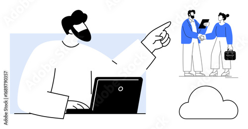 Professional discussing tasks on a laptop, coworkers exchanging ideas, and cloud element symbolizing modern collaboration. Ideal for teamwork, technology, innovation, cloud computing, business