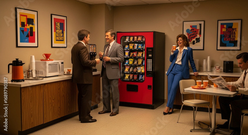1970s Office Break Room Scene: Colleagues Enjoying Coffee and Snacks