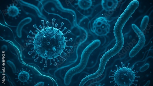 Deadly Virus Emerging from a Cracked Bacterial Shell in a Dark Lab with Purple Smoke and Neon Medical Lighting
