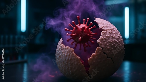 Deadly Virus Emerging from a Cracked Bacterial Shell in a Dark Lab with Purple Smoke and Neon Medical Lighting

