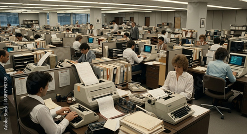 A Glimpse into the 1980s Office: Busy Workers in a Retro Workplace Setting