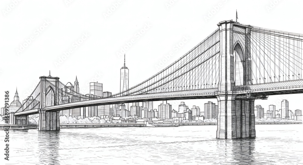 Obraz premium Hand-Drawn Illustration of Iconic Suspension Bridge and City Skyline
