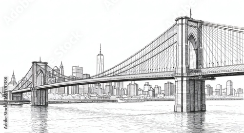 Hand-Drawn Illustration of Iconic Suspension Bridge and City Skyline