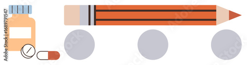 Pills and bottle beside a large pencil, combining themes of healthcare and education. Ideal for health awareness, education campaigns, dual-focus communication, wellness programs, pharmaceutical