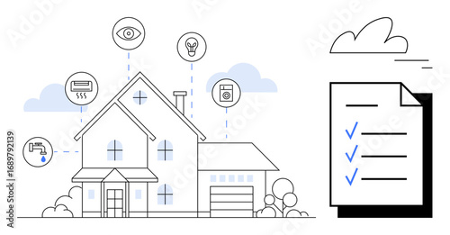 Smart home showing connected devices thumbs up lights, thermostat, security, and water systems with a checklist. Ideal for home automation, energy efficiency, security, IoT, technology task