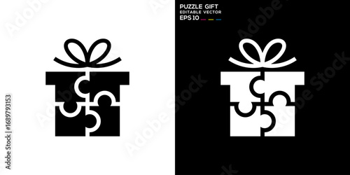 Puzzle and gift logo. Giving, intelligence, organizing. Vector icon symbol template EPS 10.