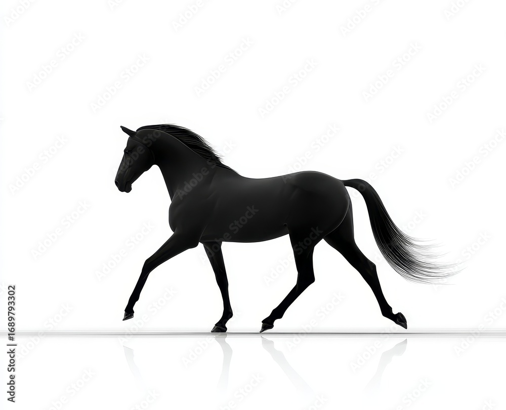 Obraz premium A black horse is shown running with an elegant posture on a white background, highlighting its dynamic form and sleek appearance.