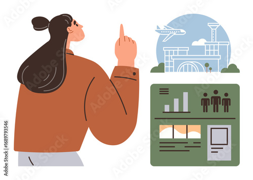 Woman pointing while viewing airport scene, charts, and data, symbolizing travel preparation, analytics, and customer navigation. Ideal for travel planning, tourism, analytics business data
