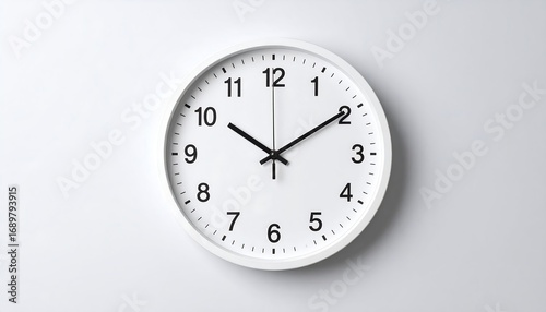 A clean, white wall clock displays a specific time against a plain white background