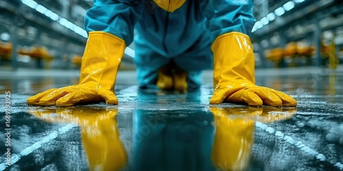 A person wearing yellow gloves cleaning a wet floor in an industrial environment.