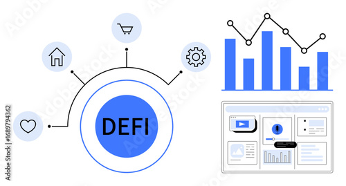 DEFI circle connected to icons thumbs up home, cart, gear, and heart, bar chart with data points, digital dashboard. Ideal for blockchain, cryptocurrency, data analysis fintech decentralized apps