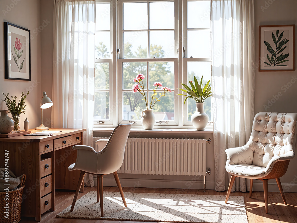 Fototapeta premium The desk and vase in soft light highlight a simple girlish aesthetic, bringing a light and bright mood.