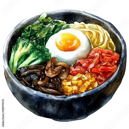 Bibimbap, watercolor painting vector, isolated on a white background.